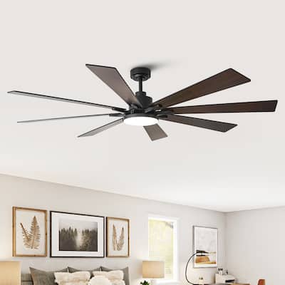72" Modern Black Large Ceiling Fan with Light, Remote and Bluetooth Control