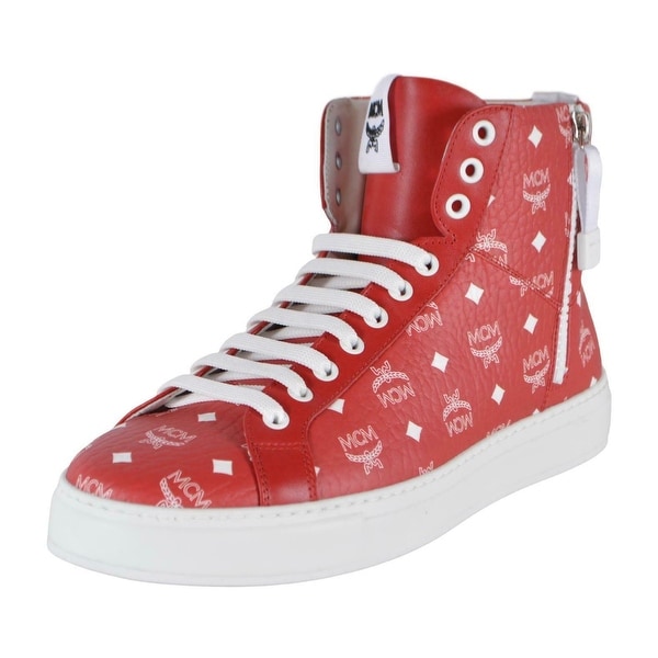 MCM Men's Red White Coated Canvas Visetos Logo High Top Sneakers Shoes 13