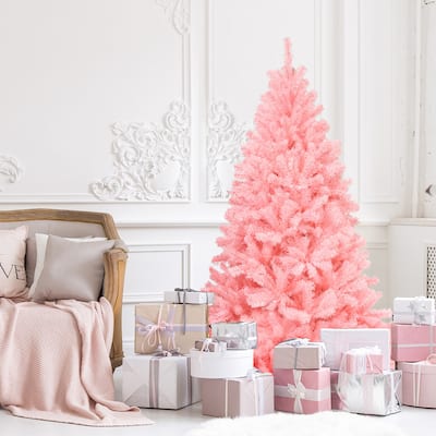 Gymax 6ft Pink Artificial Christmas Tree Hinged Spruce Full Tree w/ - See Details