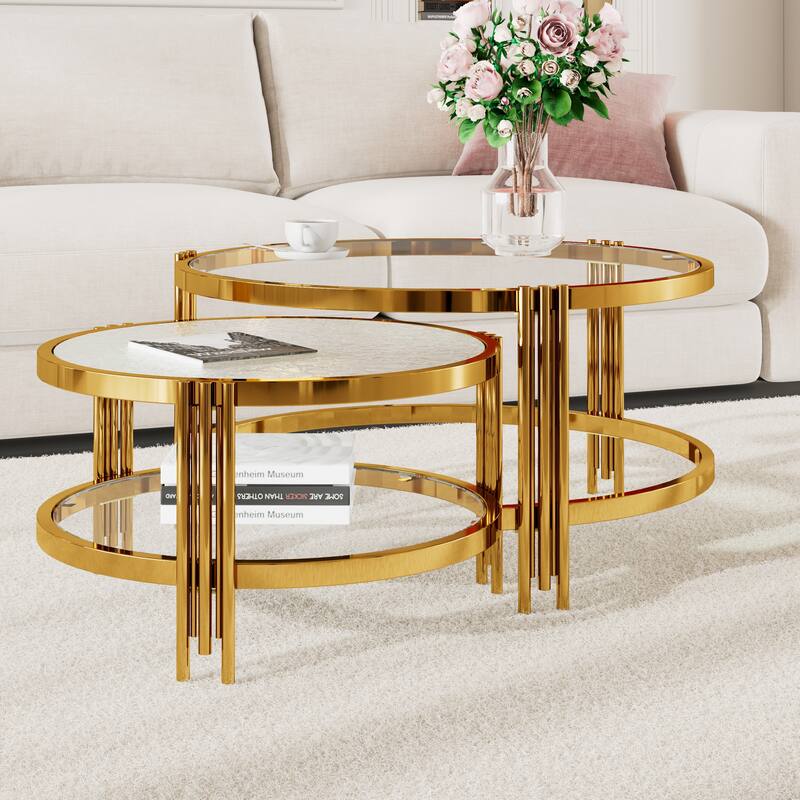 2-Piece Nesting Coffee Table Set, Round Glass Top Center Table with Lower Shelf, 2-Tier Metal Frame Storage Accent Tables