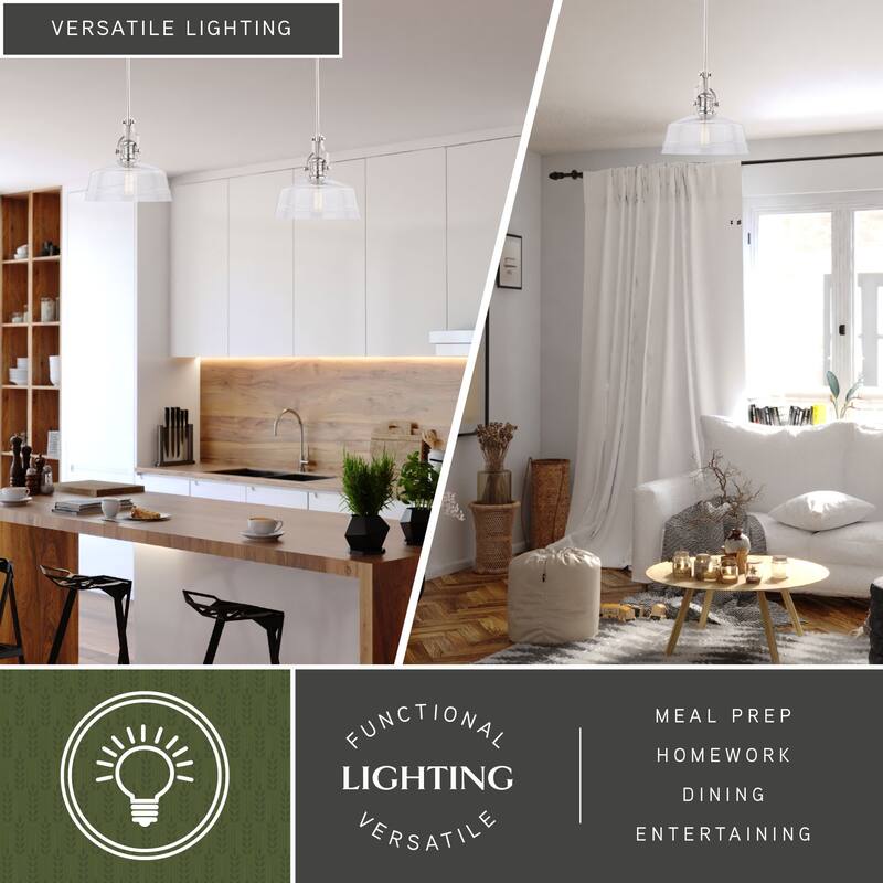 Beloit 1 Light Satin Nickel Farmhouse Pendant Clear Glass - 12-in W x 20.25-in H x 12-in D