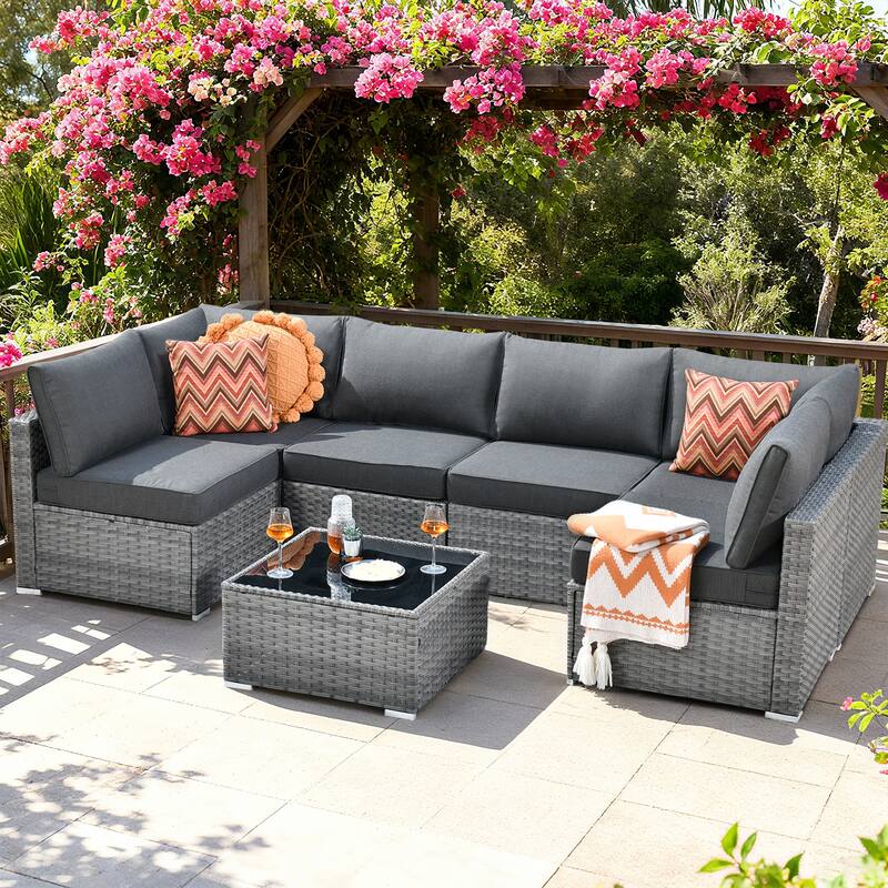 HOOOWOOO 7-piece Grey Rattan Wicker Outdoor Furniture Sectional Set