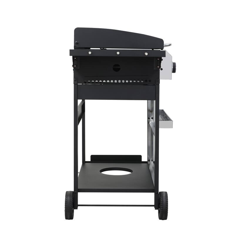 4 Burner Propane Gas Grill with Wire Enamel Grill Grid Foldable Side Table and Hanging Basket, for Outdoor Grilling