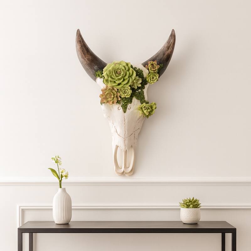 Resin Bull Skull with Flower Wall Sculpture - Ivory, 18"