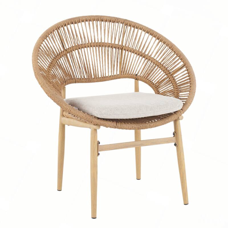 Outdoor Wicker Papasan Style Dining Chair with Beige Cushion, Set of 2