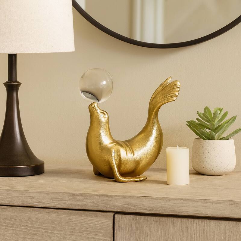 Modern Sea Lion Sculpture Figurine - 7", Gold - 7" x 5" x 7"