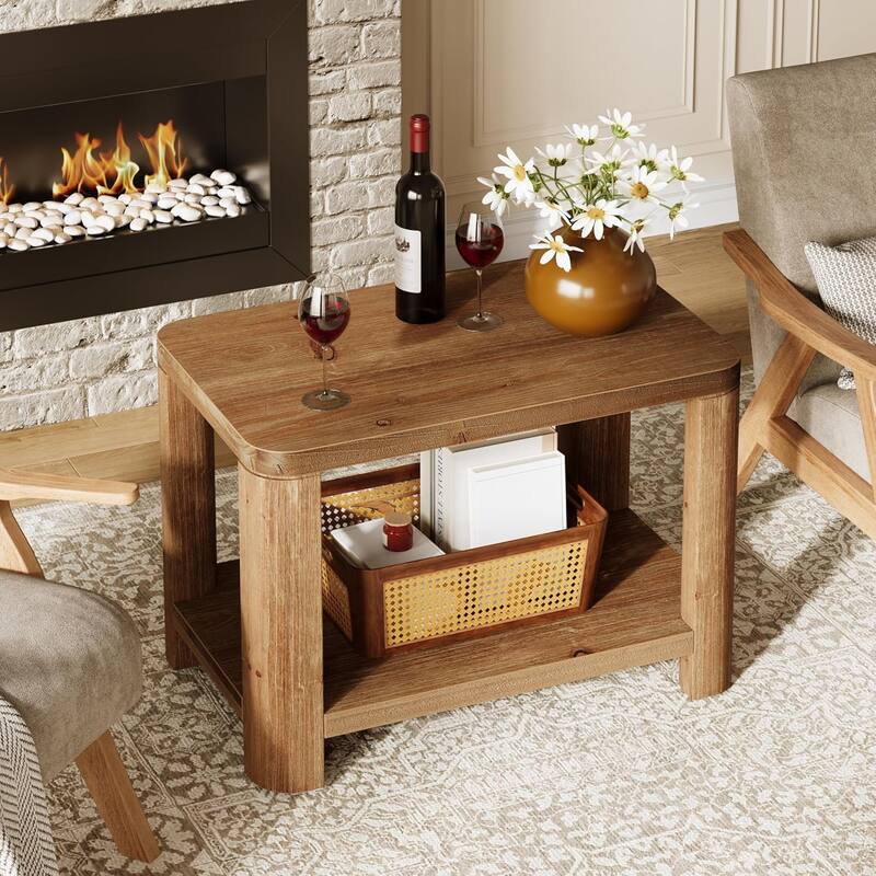 Solid Wood End Table, Farmhouse Side Table with 2-Tier Storage Shelf, Rectangle Bedside Nightstand
