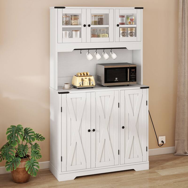 Moasis 71" Tall Buffet Hutch Kitchen Pantry Storage Cabinet with Charging Station And Storage Drawers - White