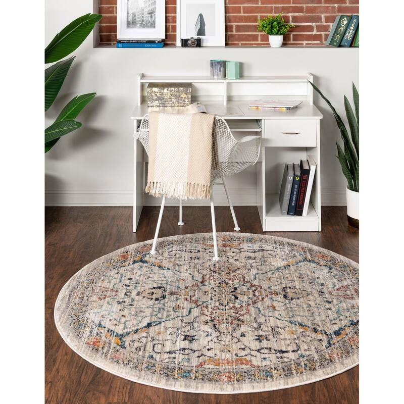 Traditional Nixa Collection Area Rug - 7'10" Round - Ivory