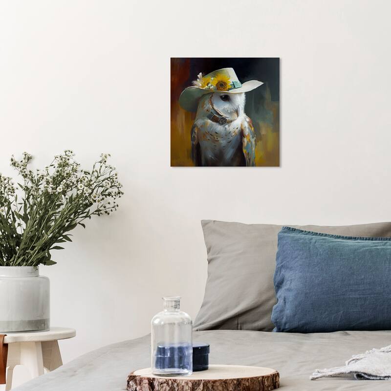 Wynwood Studio Canvas Animals Owl and Sunflowers Farm II Brown and Ochre Rustic Wall Art Canvas Print - Brown, White - 12 x 12