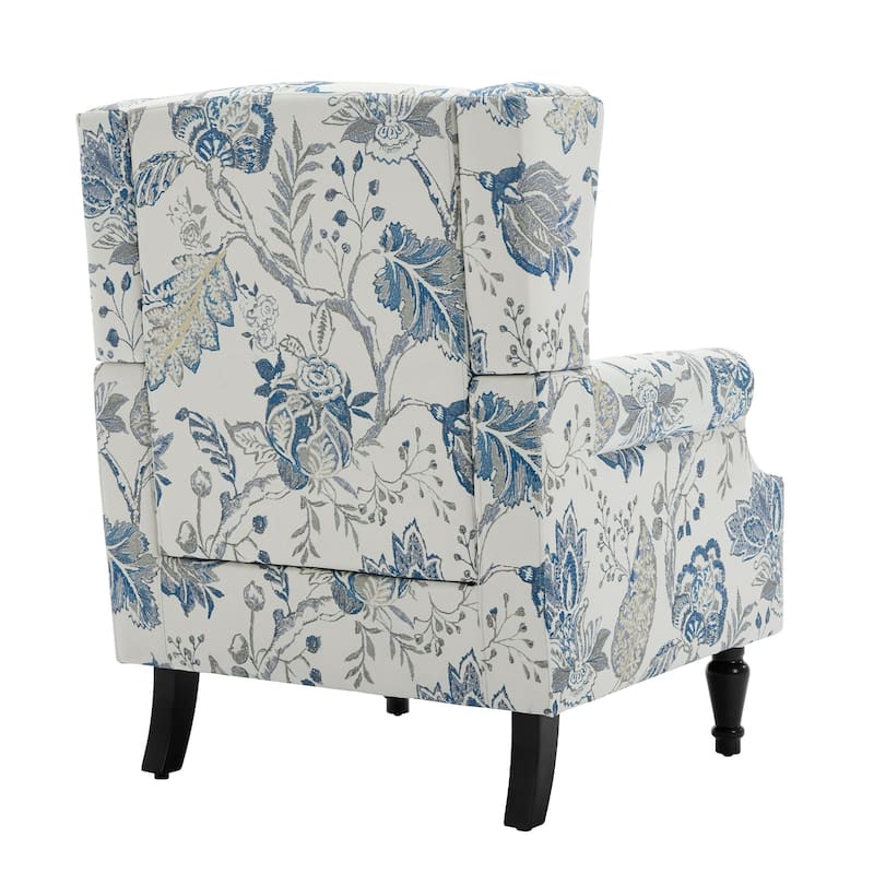 Mid-Century Modern Linen/ Vegan Leather Wing Back Accent Chair