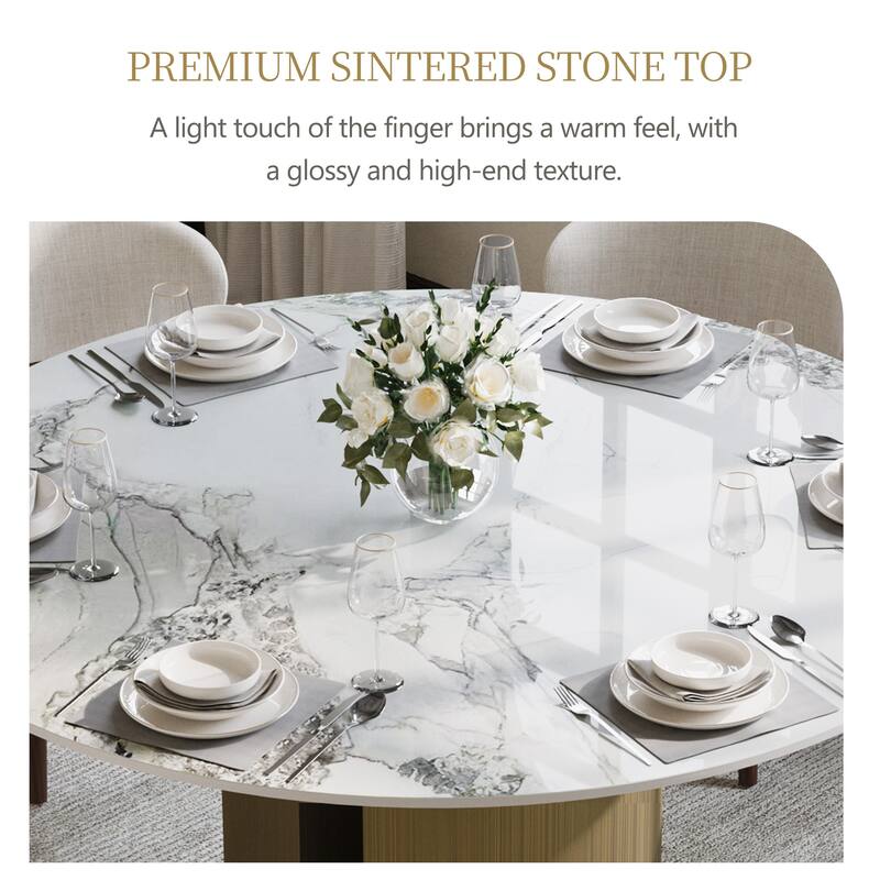 59" Modern Round Dining Table For 6-8, Glossy Sintered Stone Table Top, White Kitchen Table With Stainless Steel Base