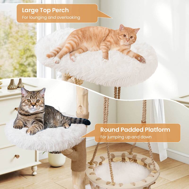 Costway 48.5” Solid Wood Cat Tree with Hanging Cradle Jute Scratching - as pic shows - See Details