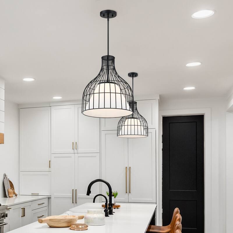 Evensong 60 Watt 1-Light Matte Black Bell Pendant with Etched Opal Glass Shade and Metal Outer Cage - 18.75