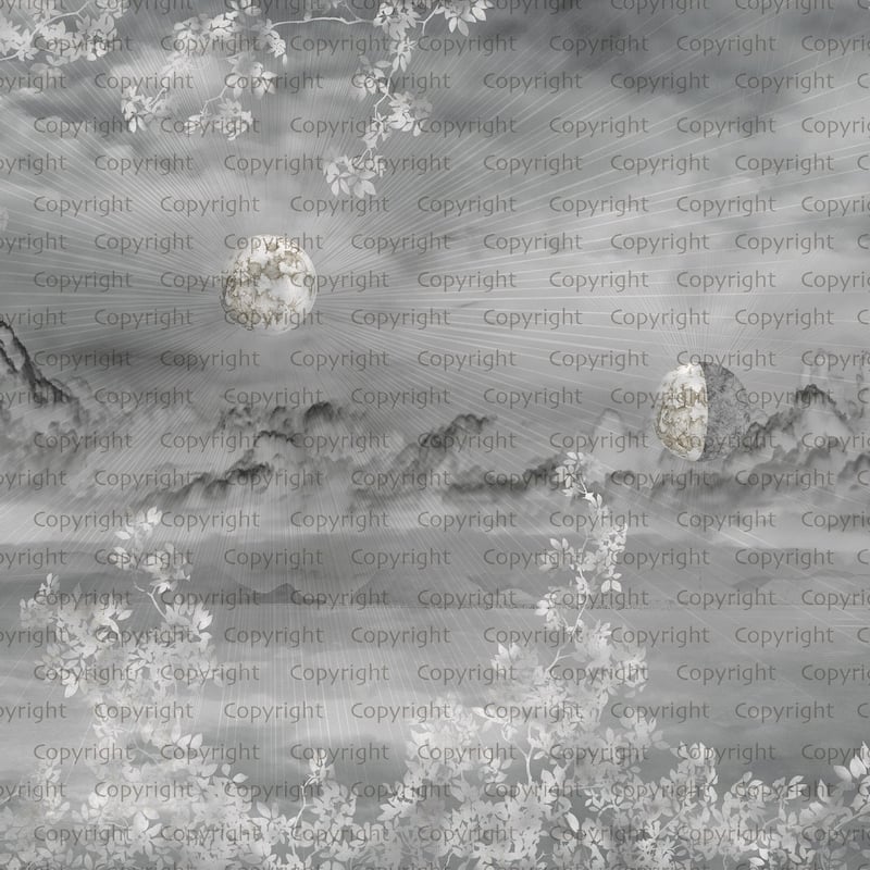Celestial Night Sky Wallpaper Mural Golden Foliage Moon - Gray - W:204" x H:110"