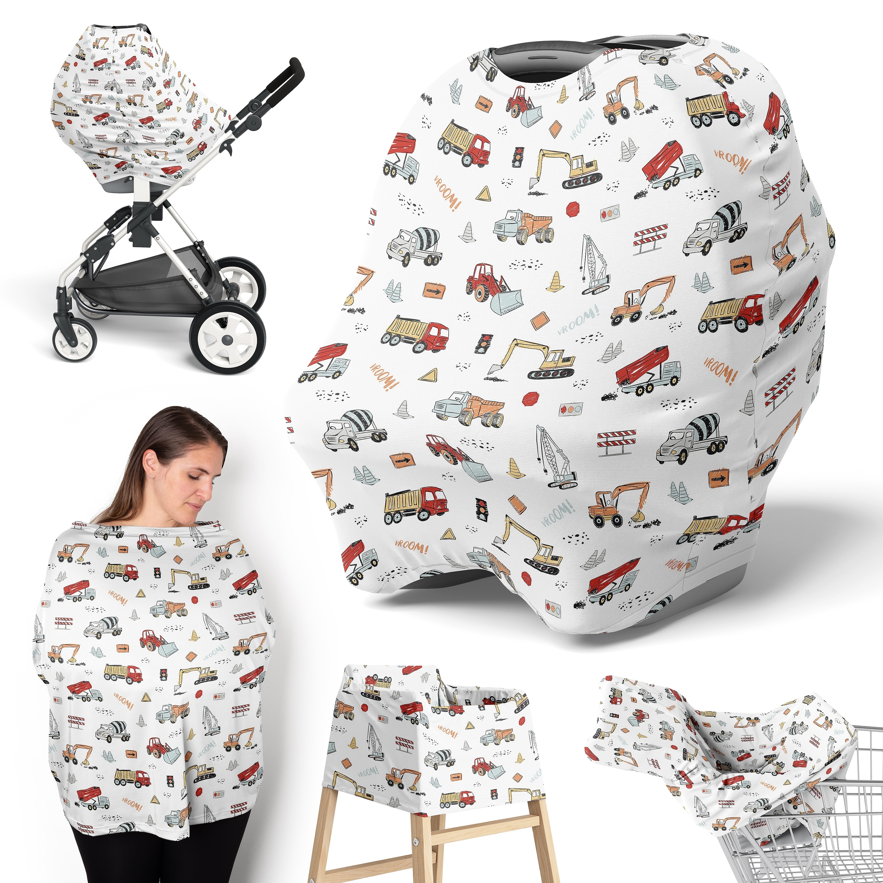 Sweet Jojo Designs Red Blue Construction Truck Boy 5 in 1 Baby Car Seat Nursing Cover Yellow Orange Black White Transportation