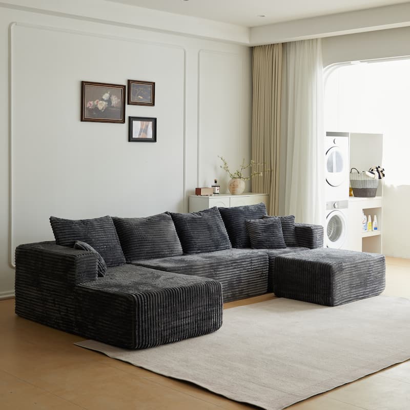 Corduroy Modular Sectional Sofa with Ottoman, U Shaped Upholstered Couch - Grey