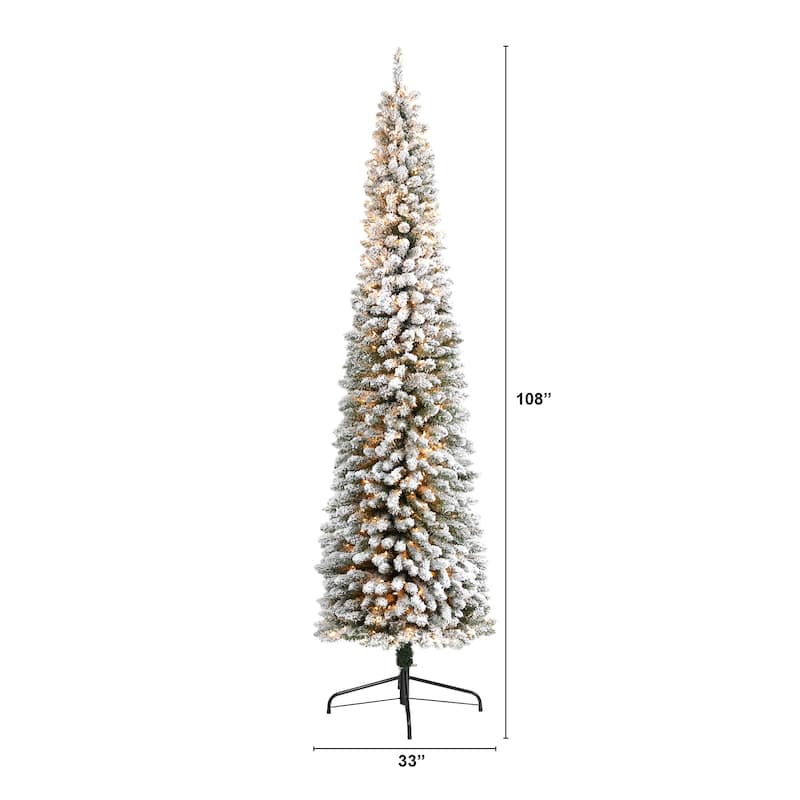 9’ Pre-Lit Pencil Flocked Artificial Christmas Tree, Clear LED Lights - 9 Foot
