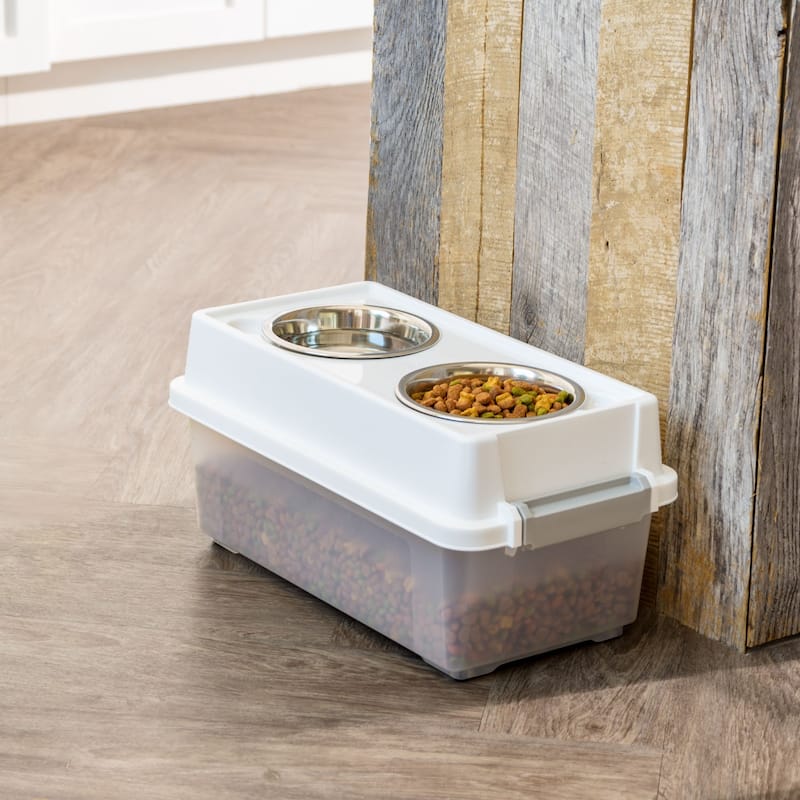 Elevated Feeder with Airtight Pet Food Storage and Removable Bowls, White