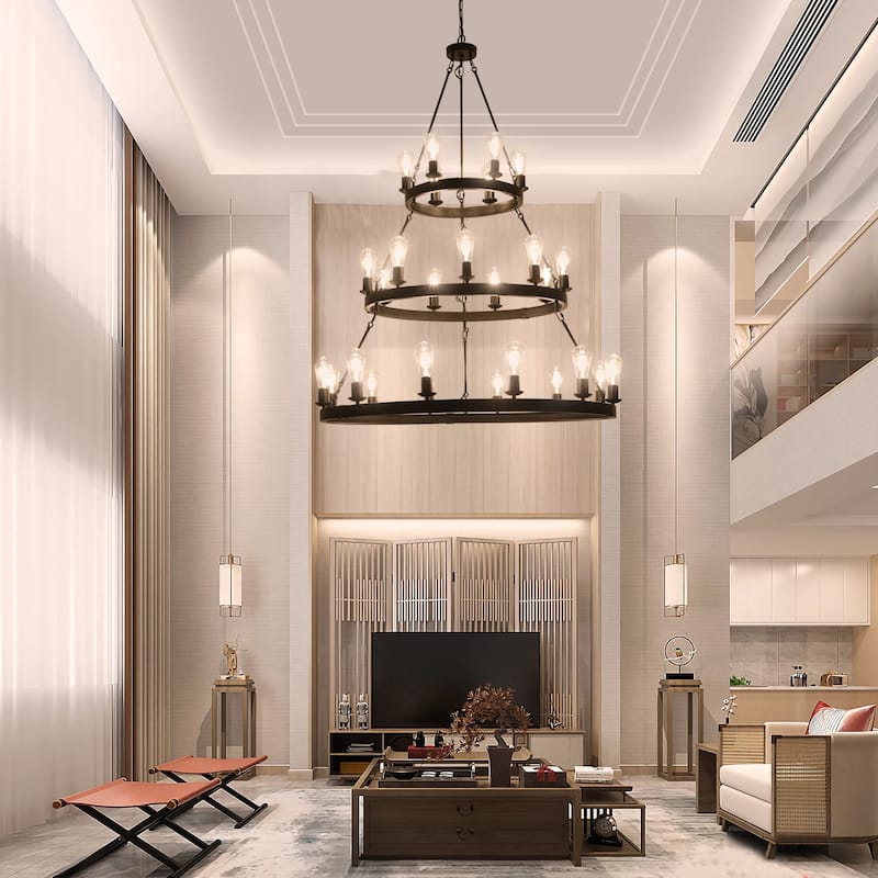 27-Light Wheel Chandelier, Three-Tier Round Ceiling Lighting, Black Living Room Hanging Ceiling Lighting Fixtures