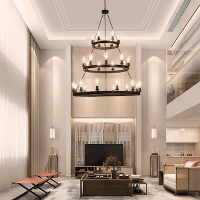 43-inch Industrial Round Wagon Wheel 3 Layers 26-light Chandelier Metal Ceiling Flush Mount