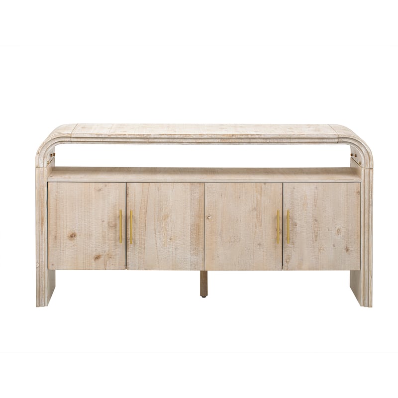 Curved Sideboard with 4 Doors, Wood Accent Entryway Console Table, Freestanding Buffet Cabinet with Open Shelves