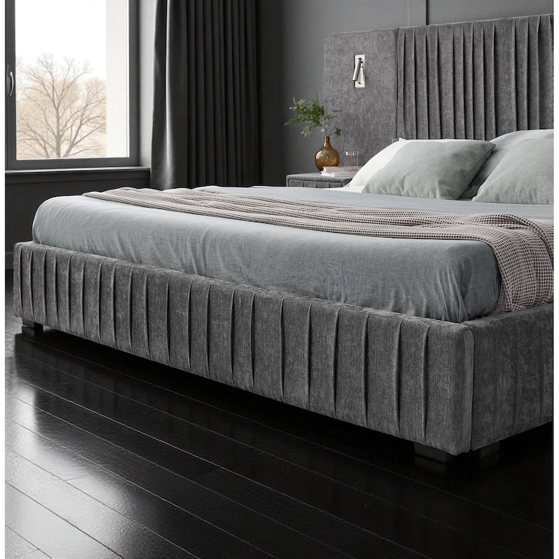 Queen Upholstered Platform Bed with Pleated Chenille Headboard, Built-in Bedside Table & Adjustable Lamps, No Box Spring