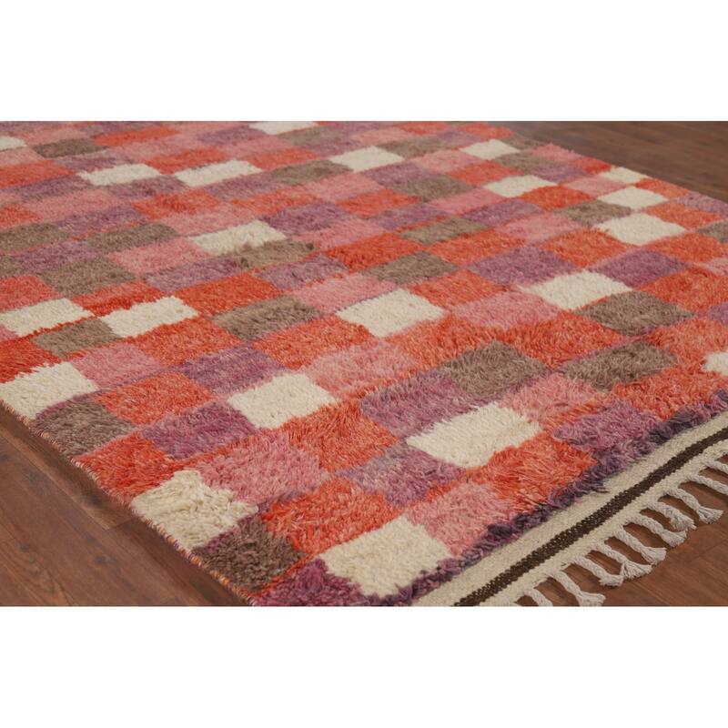 All-Over Checkered Moroccan Oriental Area Rug Handmade Wool Carpet - 5'1" x 6'6"