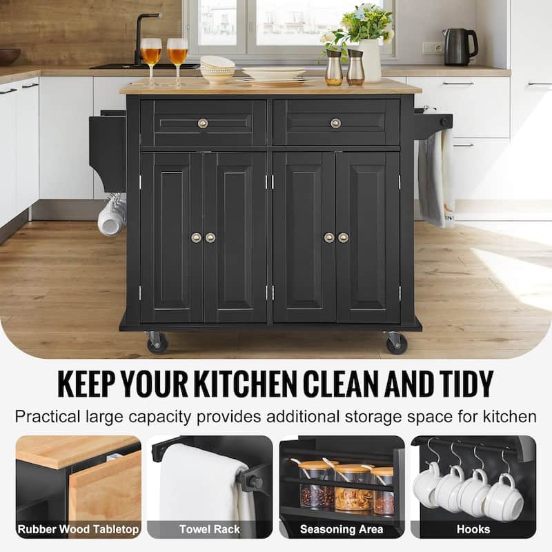 Black Kitchen Island Cart Rolling Storage Cabinet on Wheel with 2 Drawer and 2 Adjustable Shelves - 43x28x32 inch