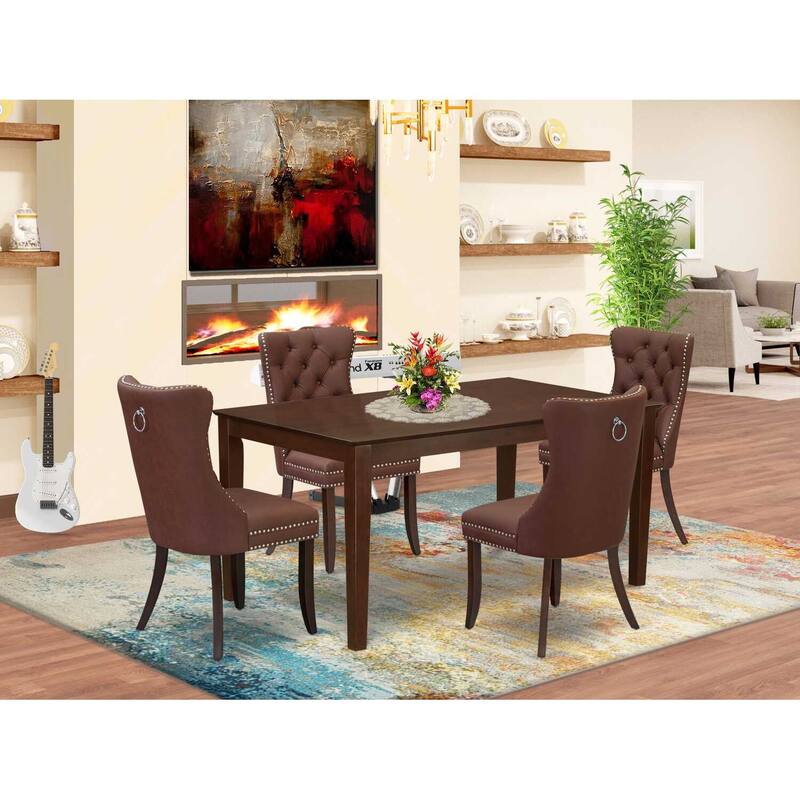 5-Piece Mahogany Finish Solid Wood Top-Rectangular Upholstered Dining Room Set- Seats-4