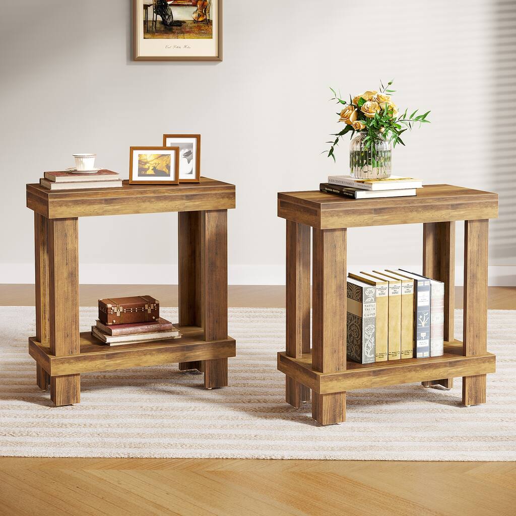 2-Tier Wood End Table for Living Room, Farmhouse Side Table with Storage Shelf