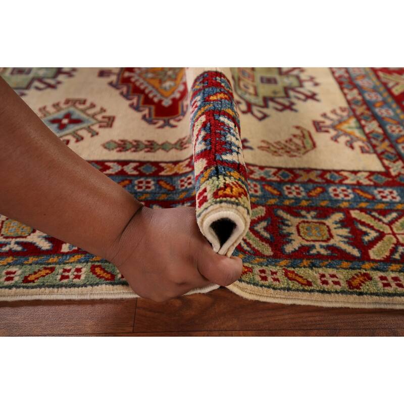 Geometric Beige Kazak Accent Rug Hand-Knotted Wool Carpet - 3'3" x 5'1"
