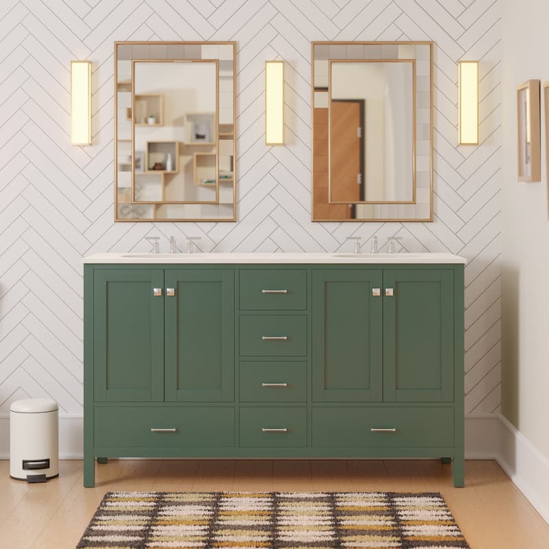 KitchenBathCollection Horizon 60" Double Bathroom Vanity with Engineered White Top - Sage Green