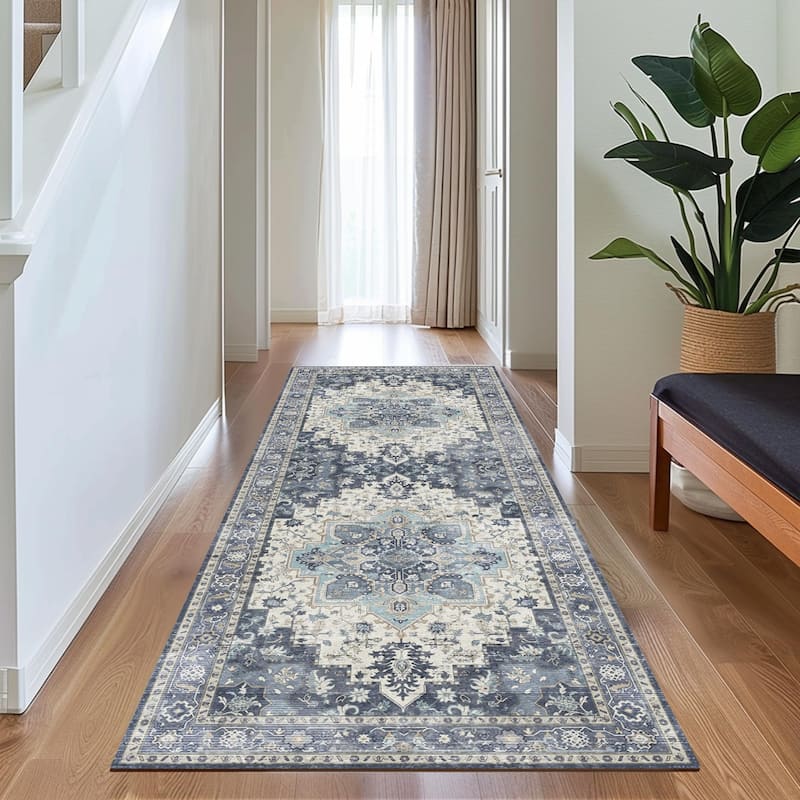 Mcow Floral Faded Low Pile Machine Washable Non-Slip Area Rug