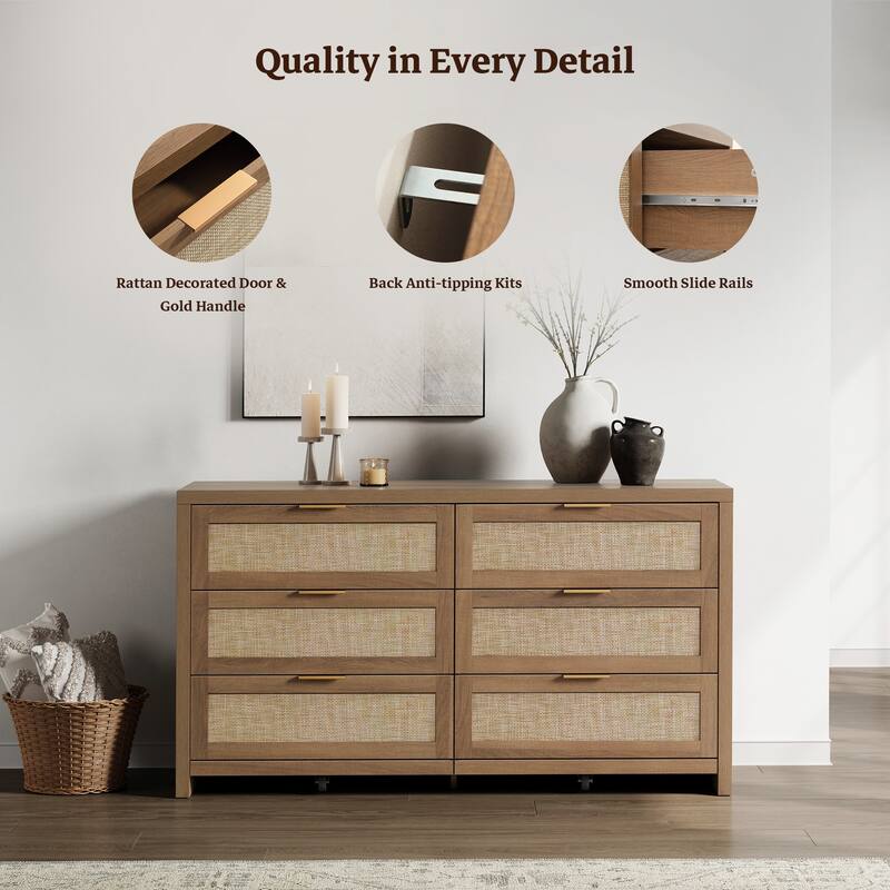 Set of 2 Elegant Right Angled Dresser with 6 Rattan Woven Drawers