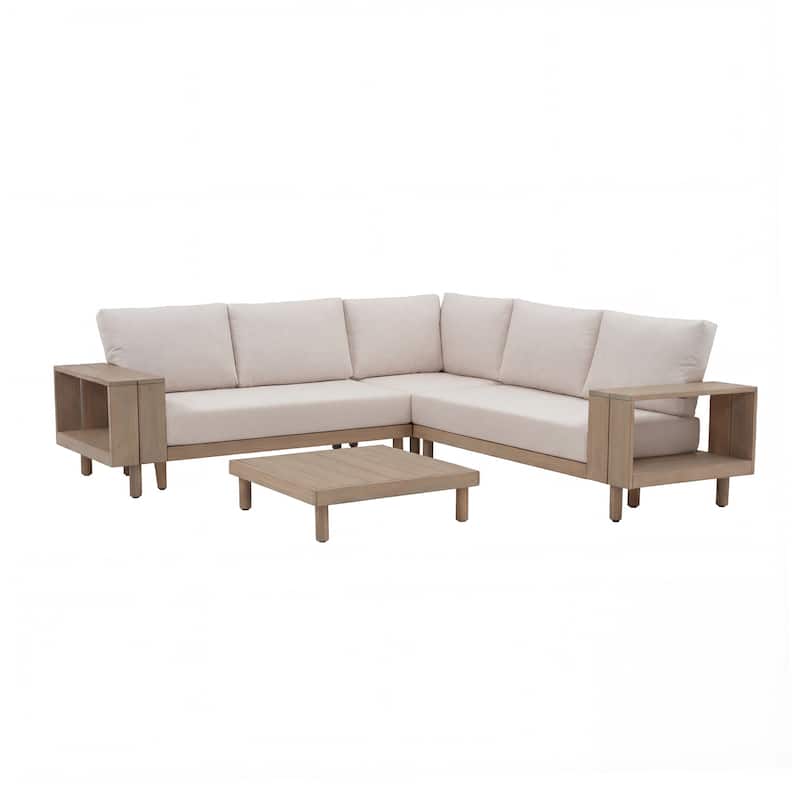 Outdoor 4-Piece Conversation Set Solid Eucalyptus Wood L-Shaped Sectional Sofa with Coffee Table