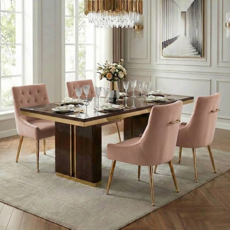 Modern Velvet Dining Chairs Set of 4, Upholstered Accent Chair Tufted Back Armless Chair with Back Pull - Pink