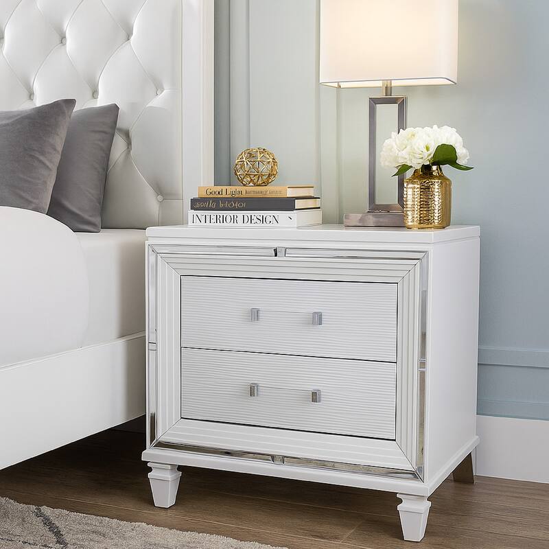 2 Drawer Wooden Nightstand with Acrylic Bar Pulls and Mirror Trim, White