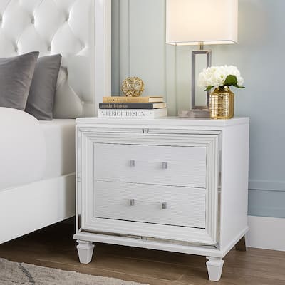 2 Drawer Wooden Nightstand with Acrylic Bar Pulls and Mirror Trim, White