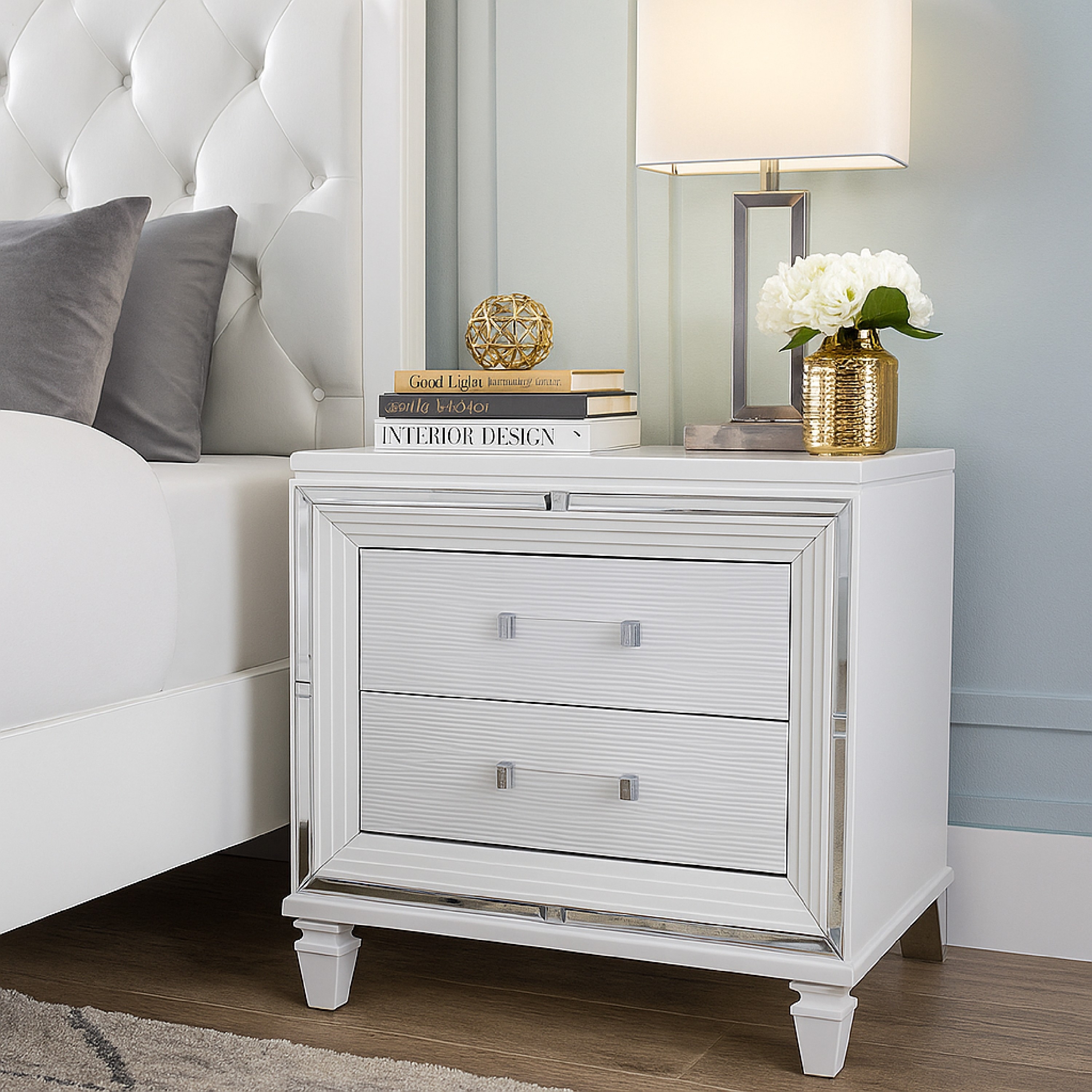 Benjara 2 Drawer Wooden Nightstand with Acrylic Bar Pulls and Mirror Trim, White