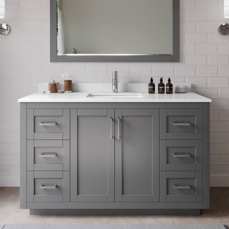 Wyndham Collection WCF292954S-QTZ-UNSMXX Miranda 54" Free Standing - Dark Gray / White Quartz Top / Brushed Nickel