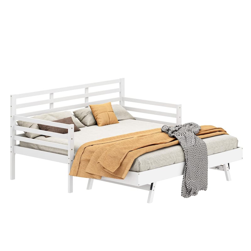 Twin Daybed with Trundle & Guardrails - White Pine Wood Sofa Bed, 350lbs Capacity, Space-Saving for Bedroom/Living Room