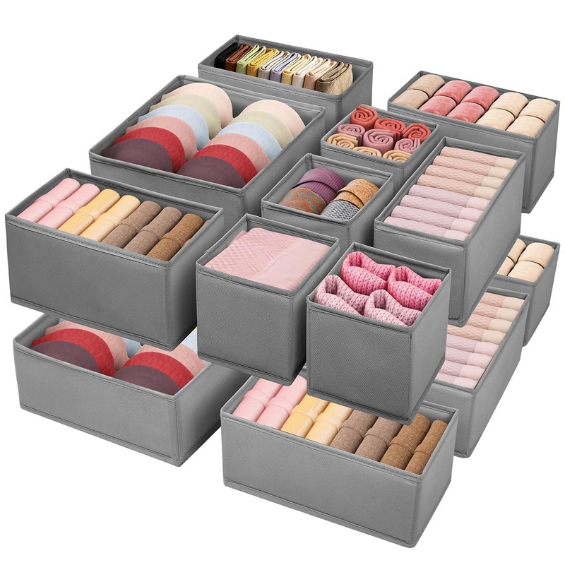 16-Pack Fabric Drawer Organizers - 3 Sizes for Clothes & Underwear - Grey