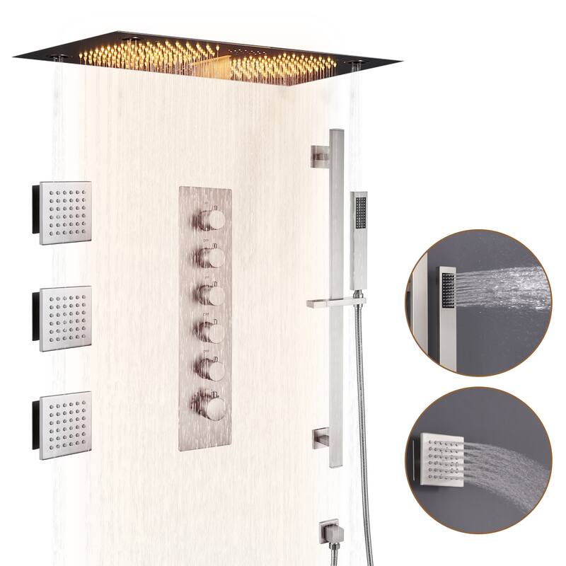 Luxury 5-Spray Patterns 28 in. Ceiling Mount Shower System with Handheld Shower Head, 3 Body Jets, LED, and Music - 16" x 28" - Brushed Nickel