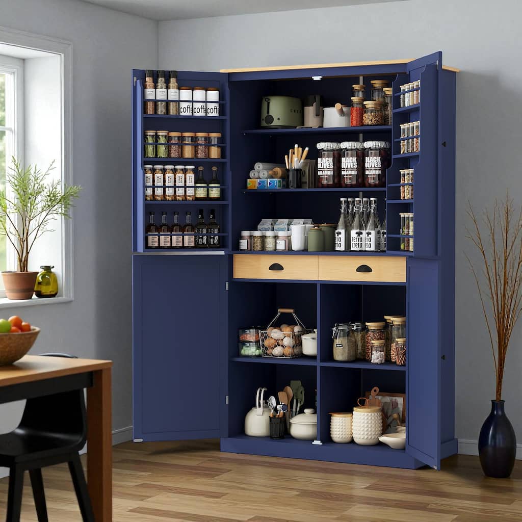 71" Large Freestanding Kitchen Pantry Cabinet with 2 Drawers, 2 Adjustable Shelves and 8 Door Shelves for Kitchen