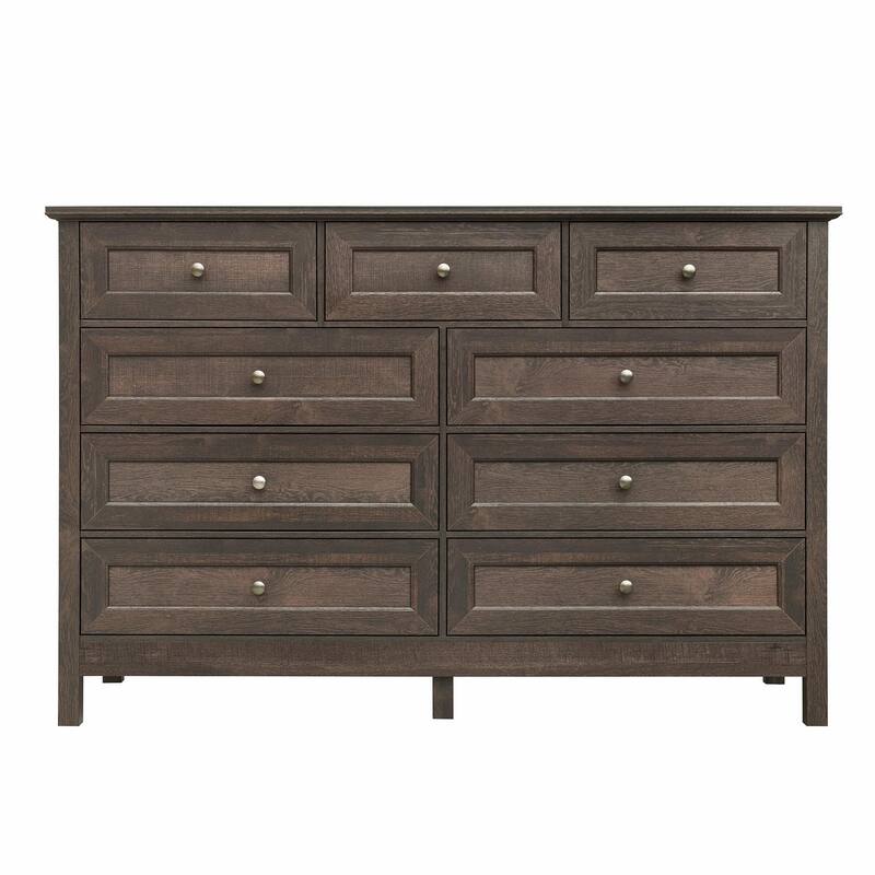 Wooden Rustic Storage Dresser with 9 Drawers and Silver Handles