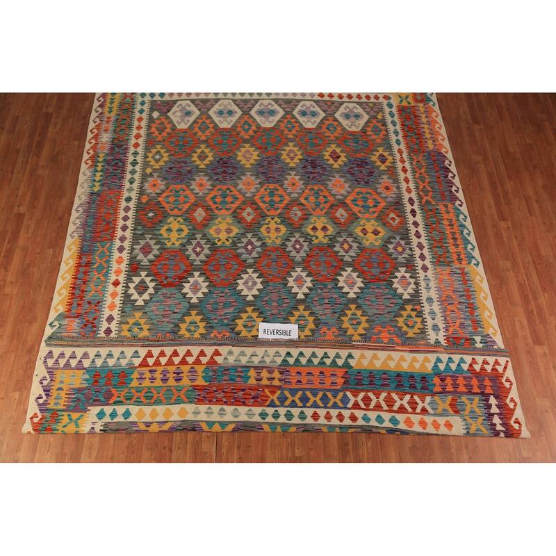 Kilim Oriental Rug Hand-Woven Multi-Color Reversible Wool Carpet - 9'7"x 12'9"
