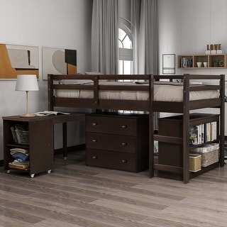 Multiple Functions Design Loft Bed with Cabinet, Shelves and Rolling Portable Desk, Twin Size
