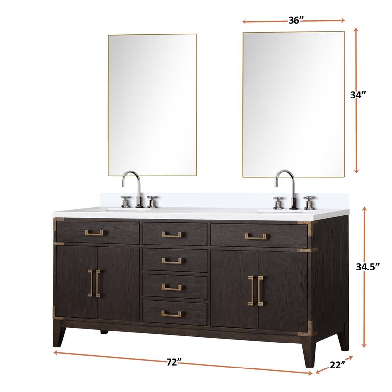 Laurel 60 in W x 22 in D Black Oak Double Bath Vanity, White Quartz Top, Faucet Set, and 28 in Mirrors