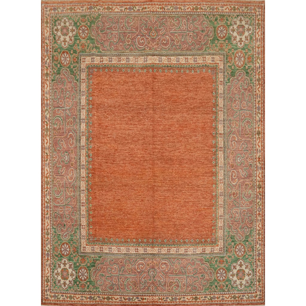 Hand Knotted Traditional Wool Orange Geometric Area Rug - 8' 2'' X 7' 8''